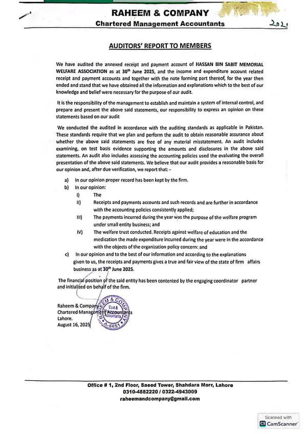 First page of the HBSMWA audited accounts for FY2024–25, audited by Raheem & Company