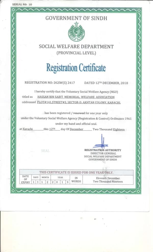HBSMWA original Social Welfare registration certificate 2018 and renewal valid to December 2025, Registration No. DGSW(S) 2417